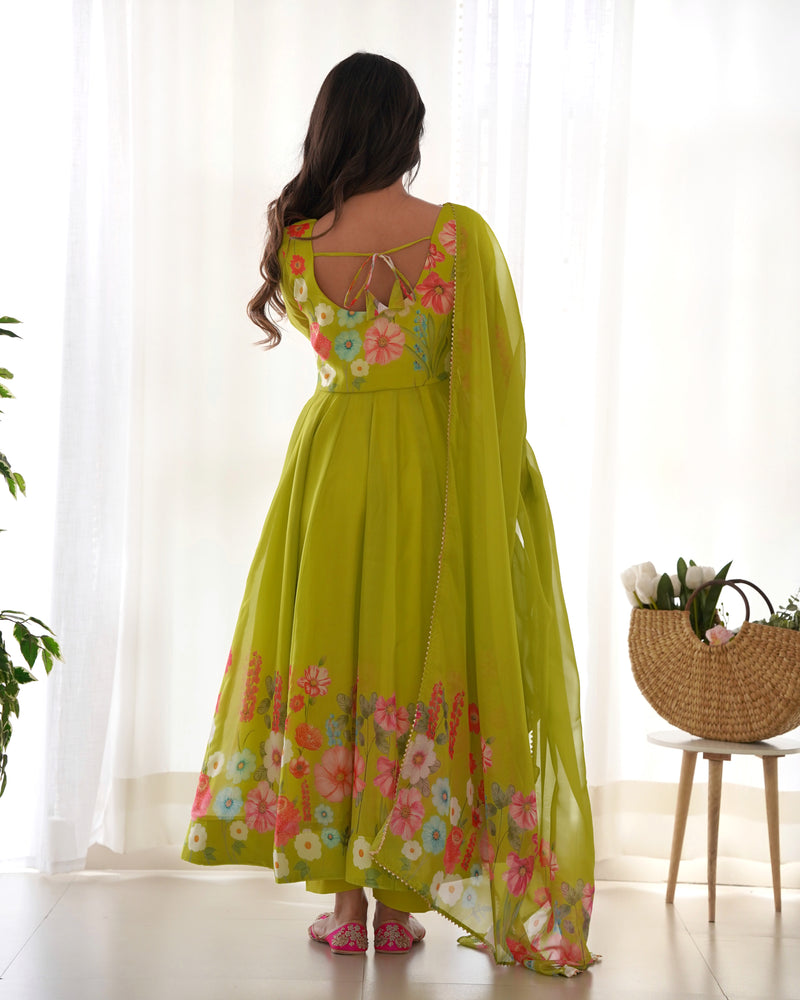 Neon Color Floral Print Organza Three Piece Anarkali Suit