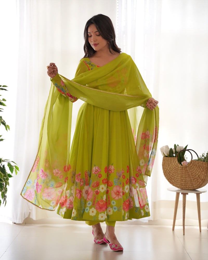 Neon Color Floral Print Organza Three Piece Anarkali Suit