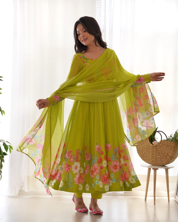 Neon Color Floral Print Organza Three Piece Anarkali Suit