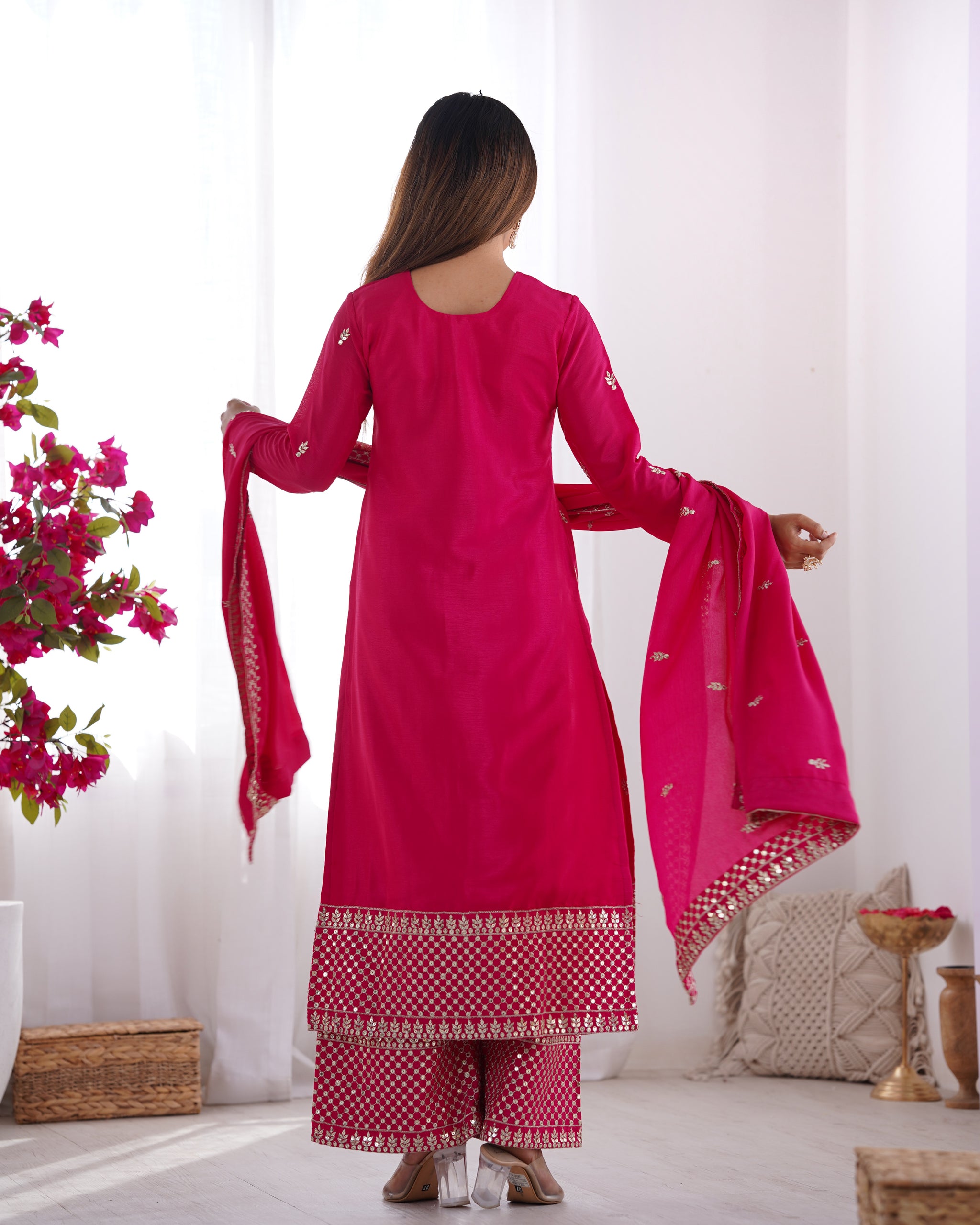 Rani Pink Color Chinon Silk Three Piece Kurti Suit