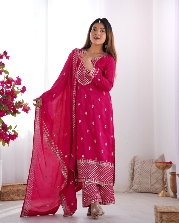 Rani Pink Color Chinon Silk Three Piece Kurti Suit