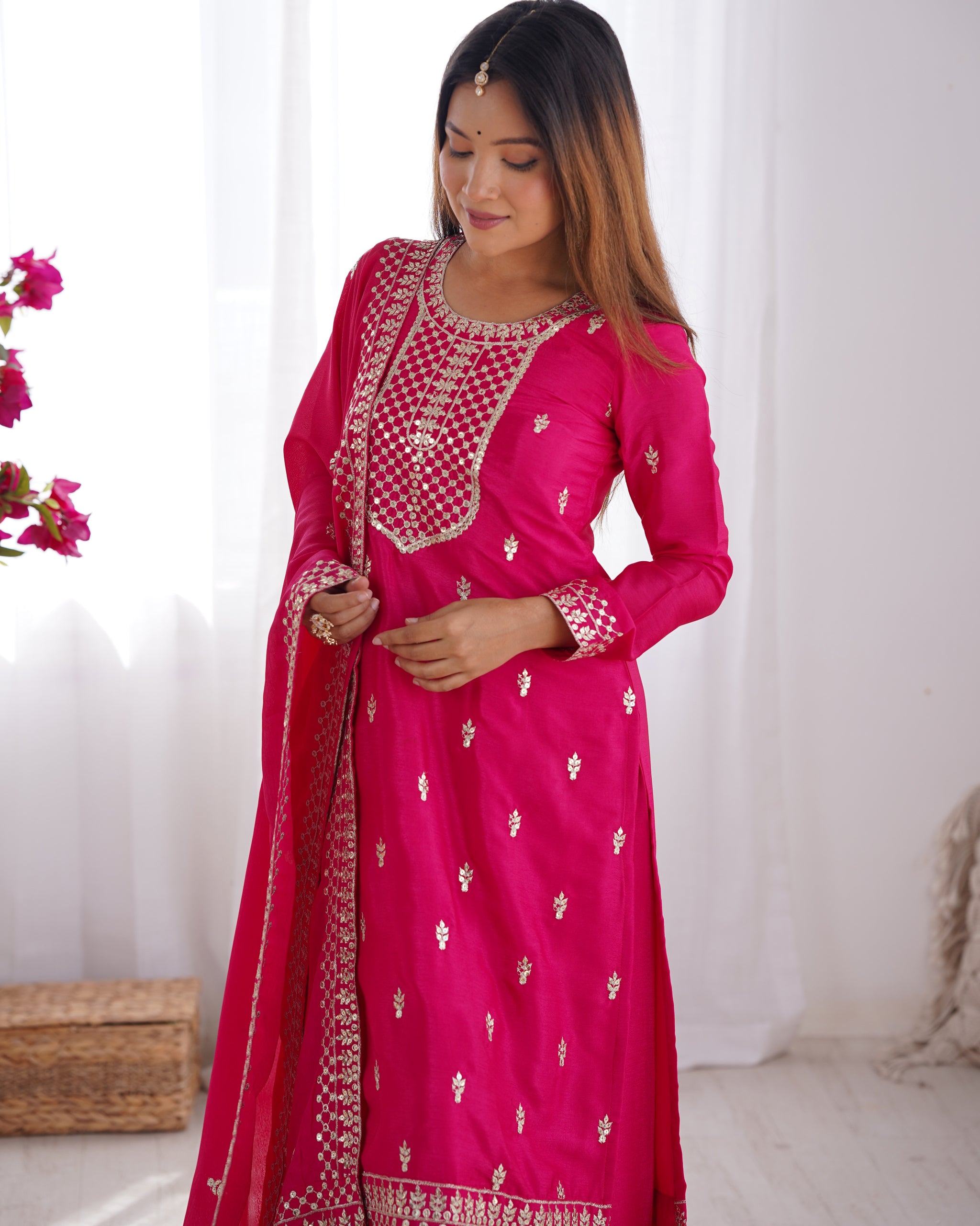 Rani Pink Color Chinon Silk Three Piece Kurti Suit