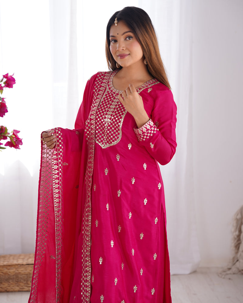 Rani Pink Color Chinon Silk Three Piece Kurti Suit