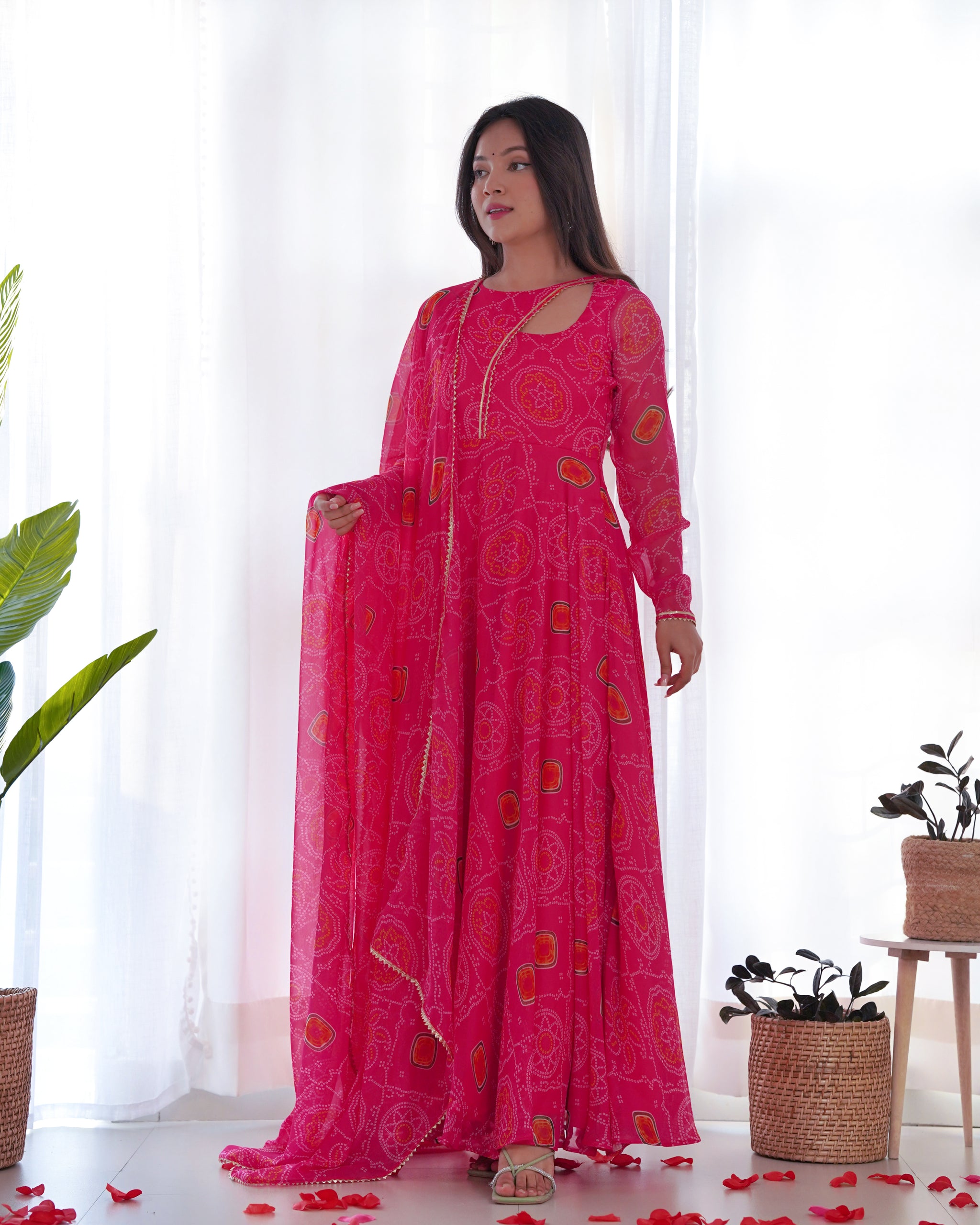 Pink Color Bandhej Print Soft Chiffon Stylish Neck Three Piece Anarkali Gown