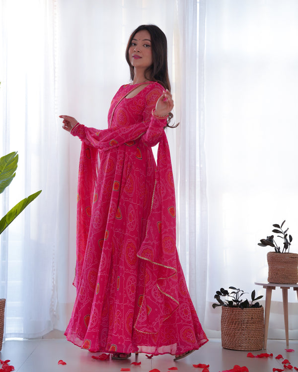 Pink Color Bandhej Print Soft Chiffon Stylish Neck Three Piece Anarkali Gown