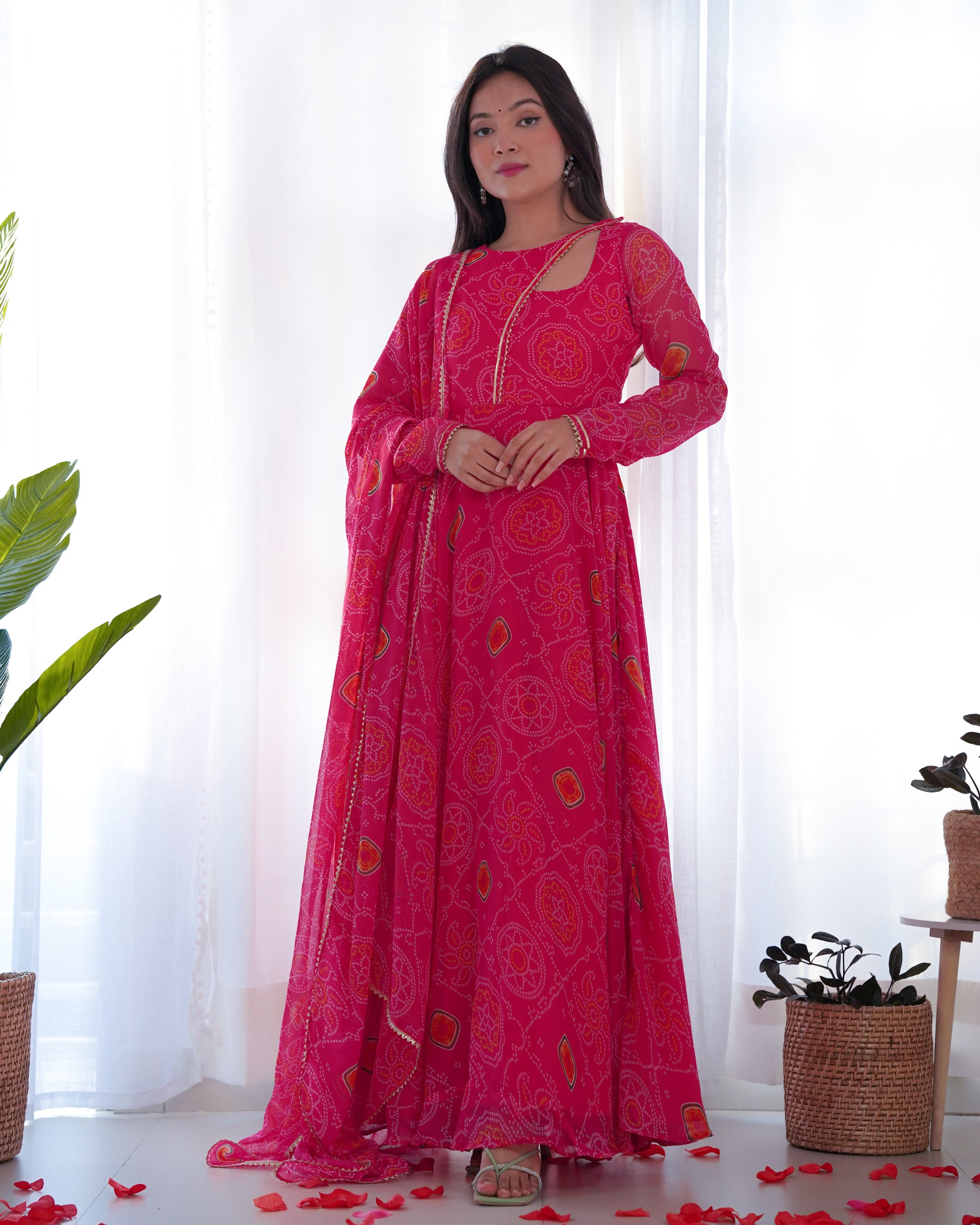 Pink Color Bandhej Print Soft Chiffon Stylish Neck Three Piece Anarkali Gown