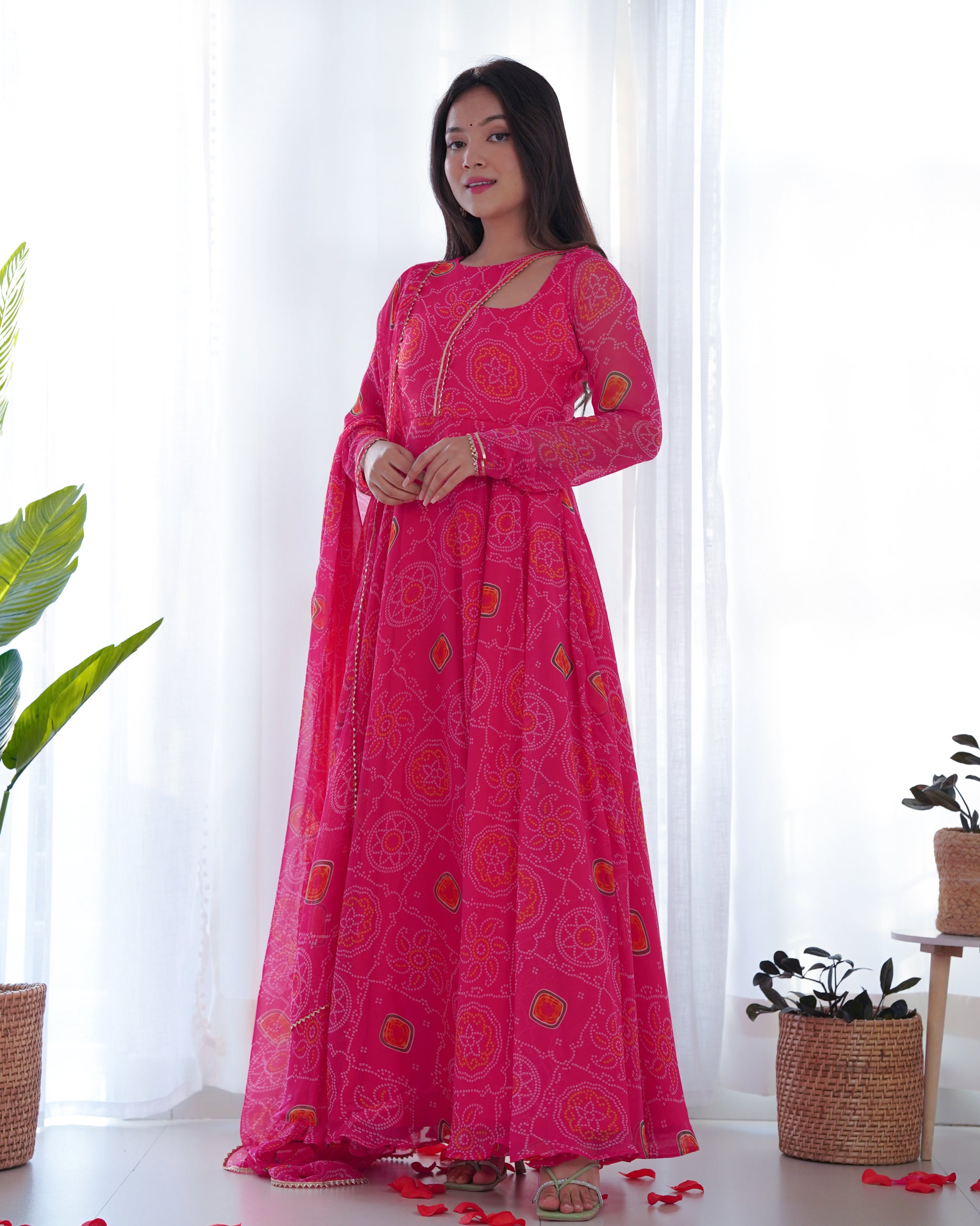 Pink Color Bandhej Print Soft Chiffon Stylish Neck Three Piece Anarkali Gown