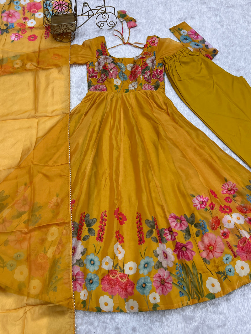 Yellow Color Floral Print Organza Three Piece Anarkali Suit