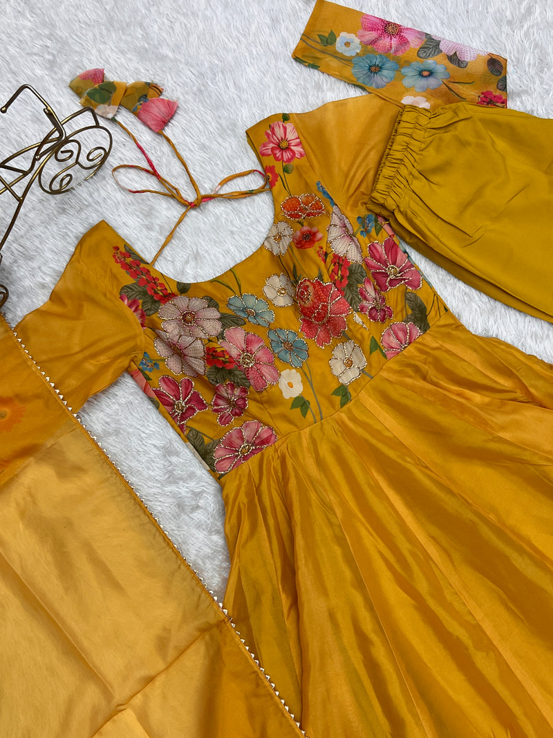 Yellow Color Floral Print Organza Three Piece Anarkali Suit