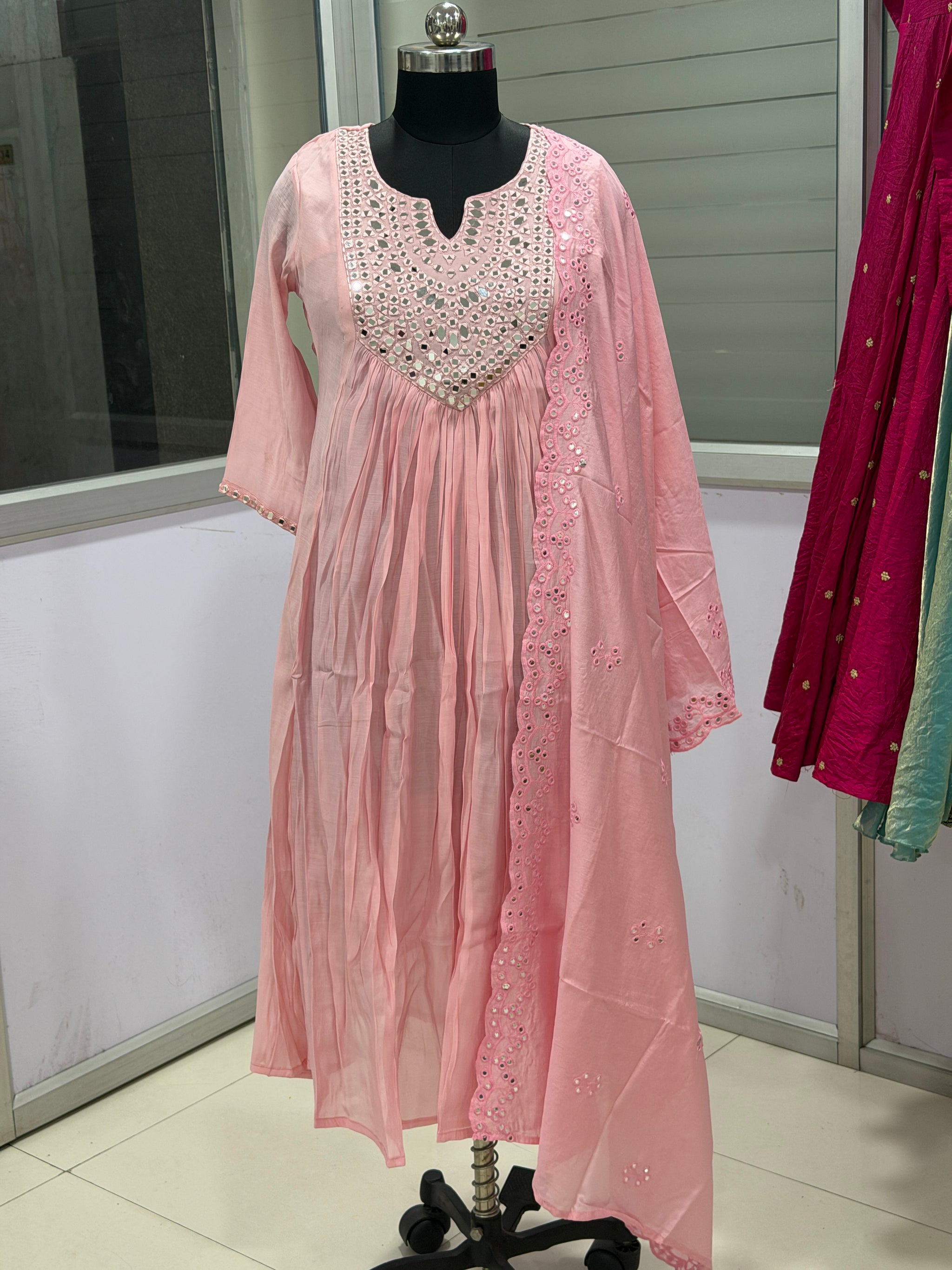 Baby Pink Mirror Work Anarkali Kurta Set with Embroidered Dupatta