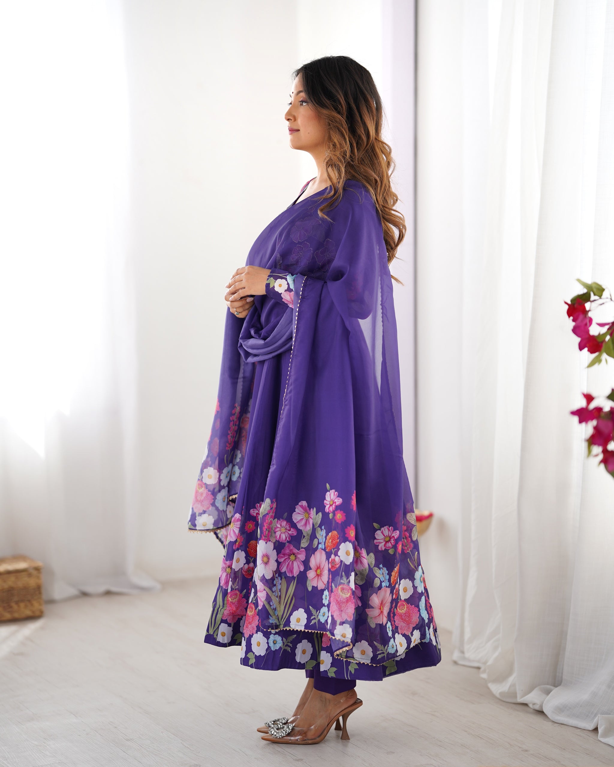 Purple Color Floral Print Organza Three Piece Anarkali Suit subhvastra Purple Color Floral Print Organza Three Piece Anarkali Suit subhvastra