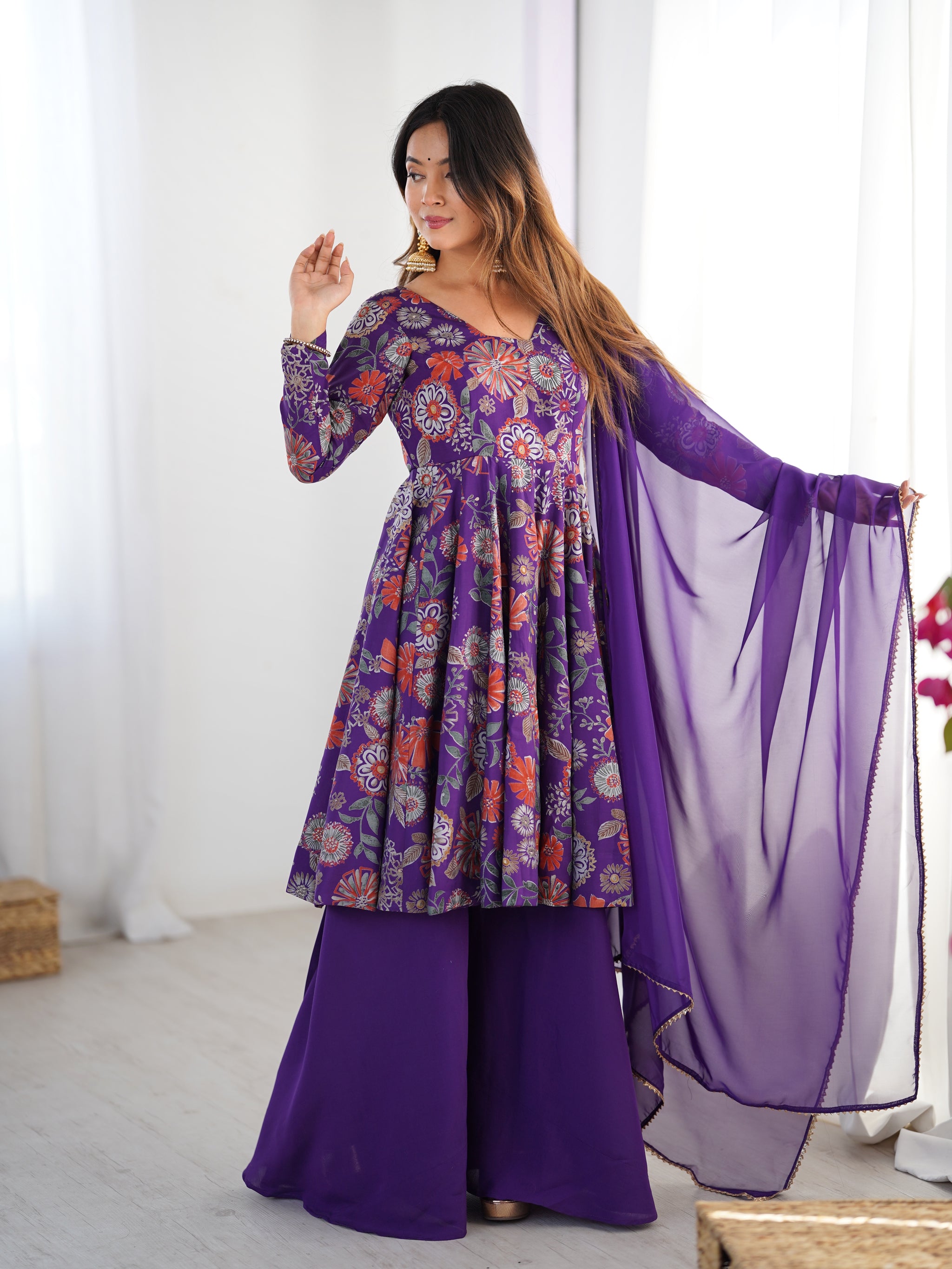 Purple Color Roman Silk Discharge Printed Plazzo Suit
