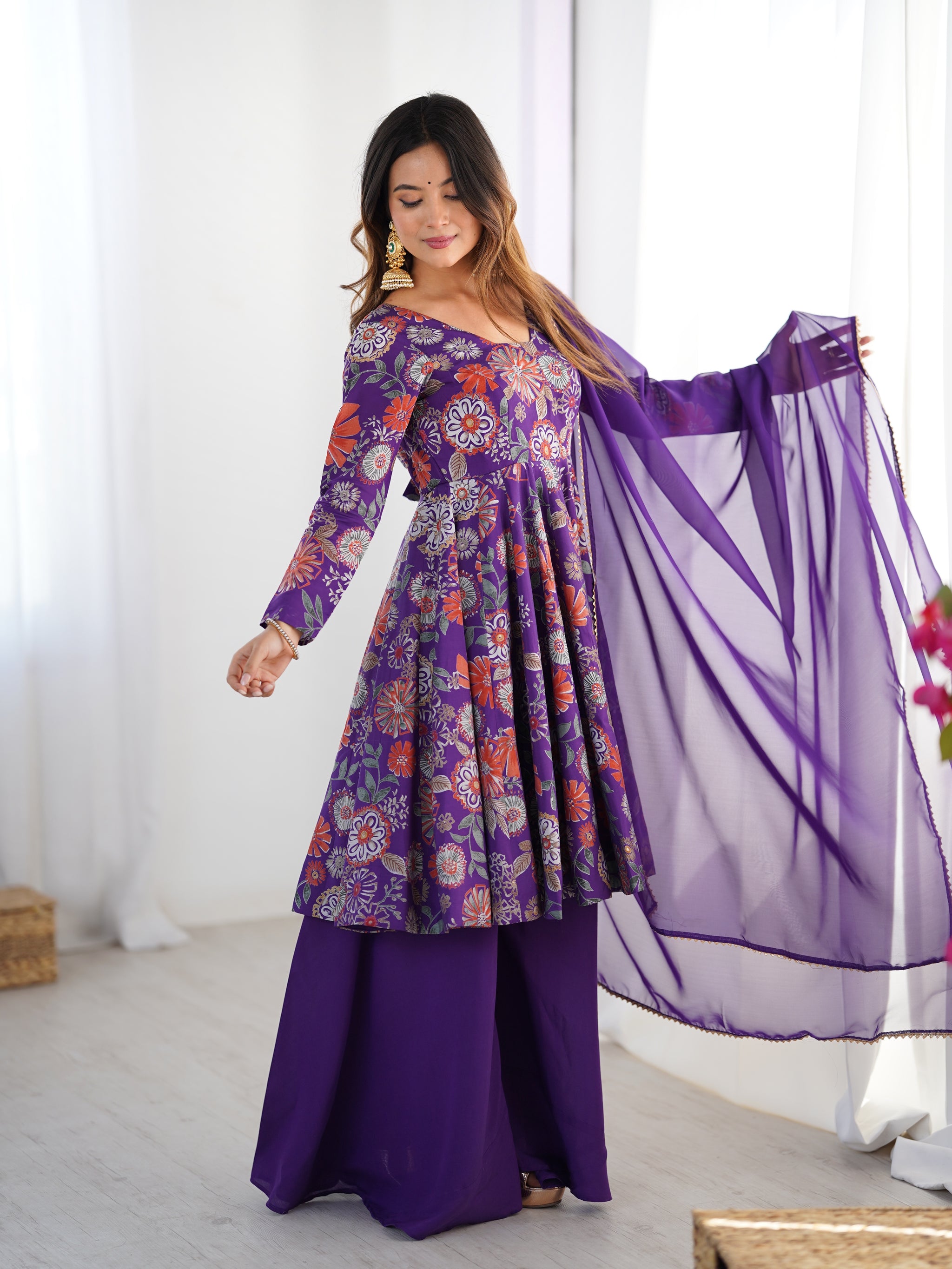 Purple Color Roman Silk Discharge Printed Plazzo Suit