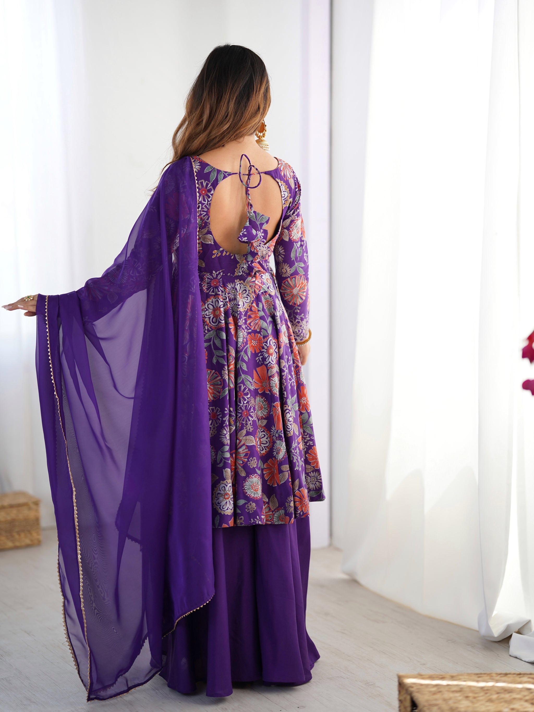 Purple Color Roman Silk Discharge Printed Plazzo Suit