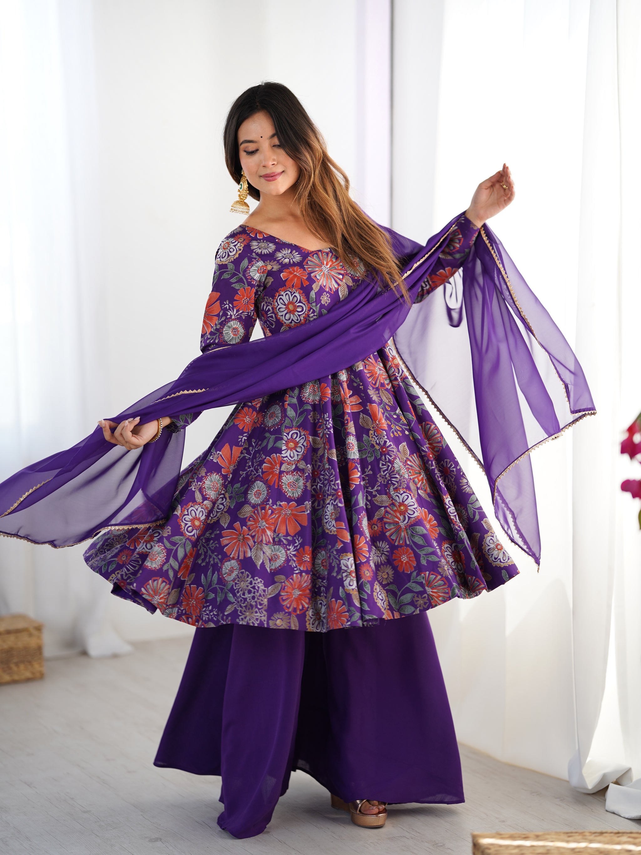 Purple Color Roman Silk Discharge Printed Plazzo Suit