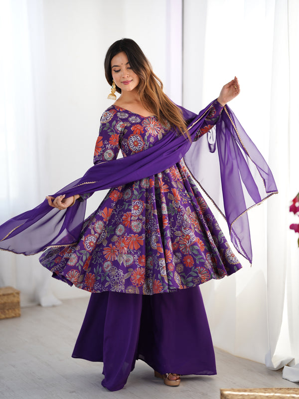 Purple Color Roman Silk Discharge Printed Plazzo Suit