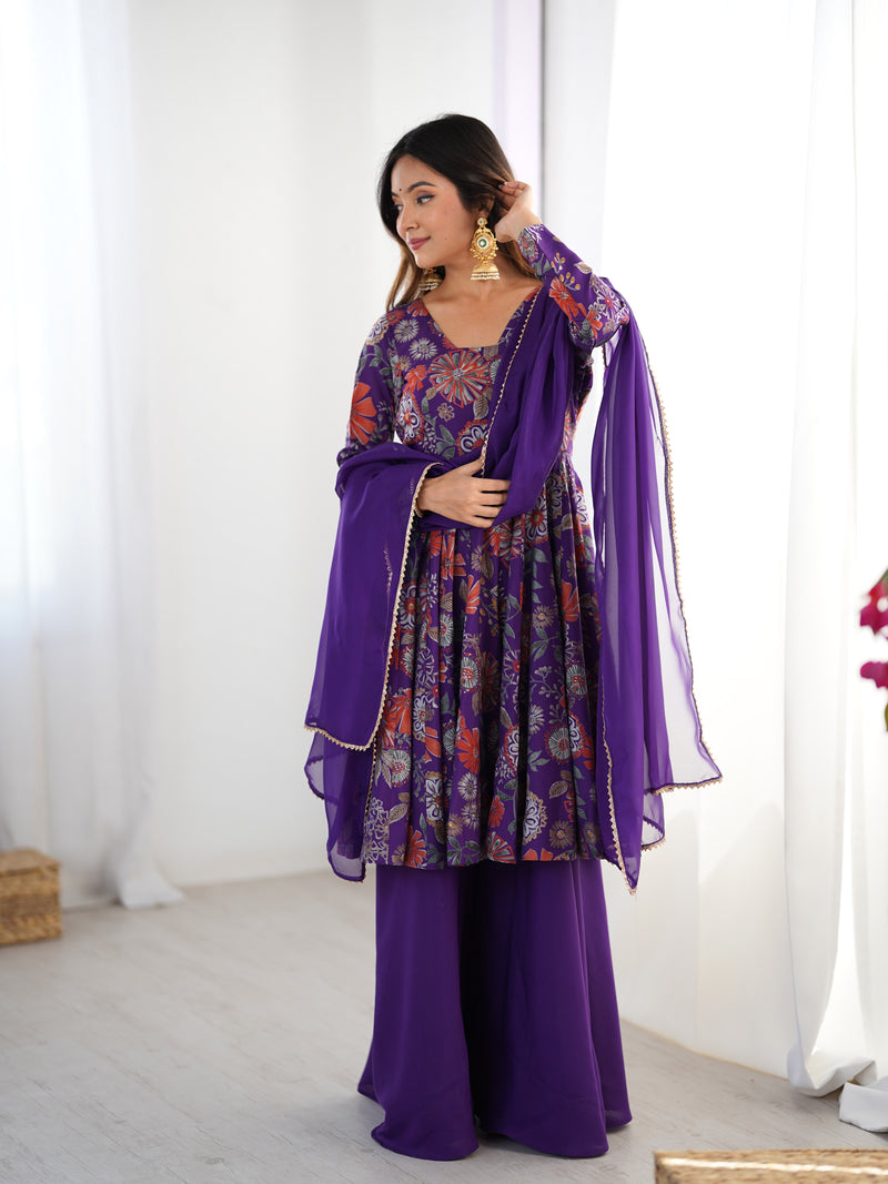 Purple Color Roman Silk Discharge Printed Plazzo Suit
