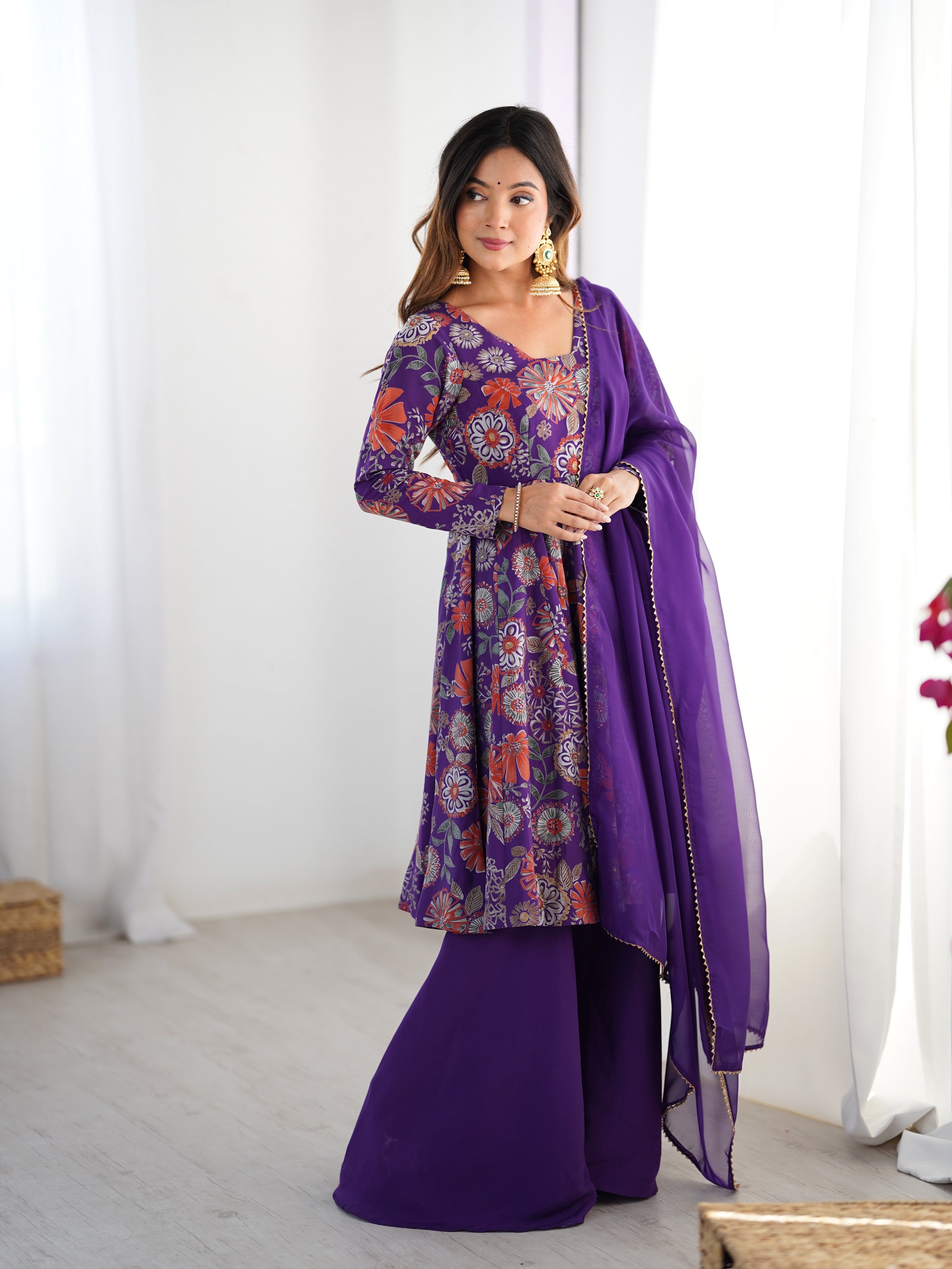 Purple Color Roman Silk Discharge Printed Plazzo Suit