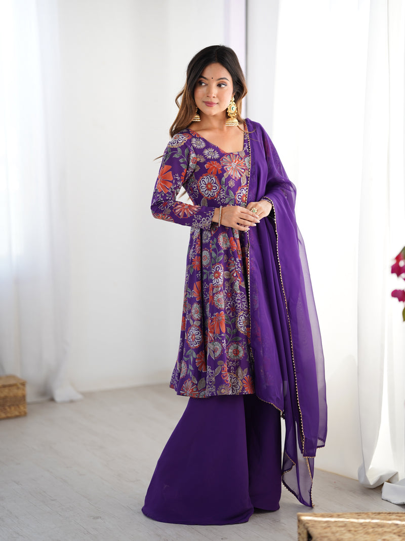 Purple Color Roman Silk Discharge Printed Plazzo Suit