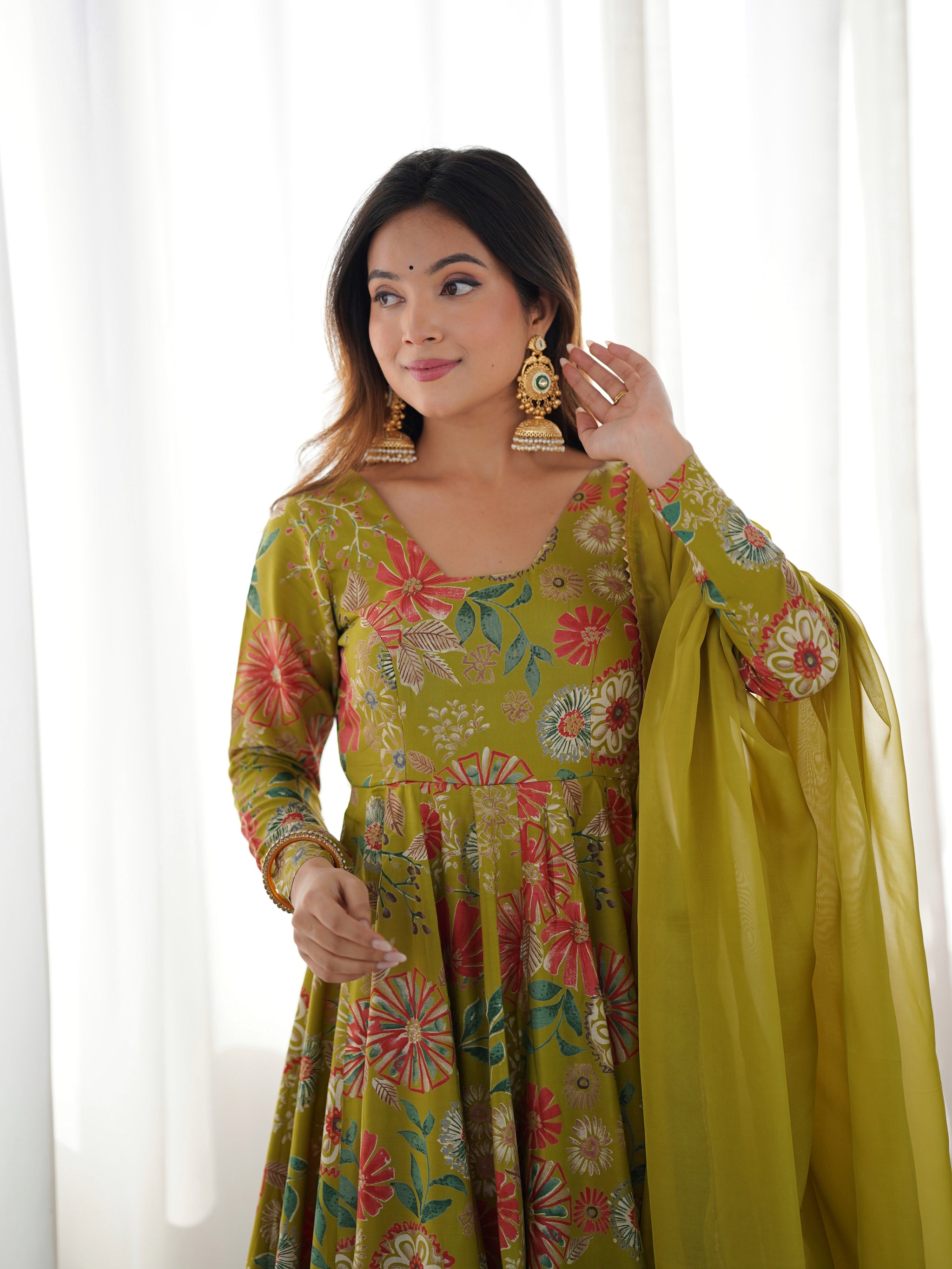 Mehndi Color Roman Silk Discharge Printed Plazzo Suit (Copy)
