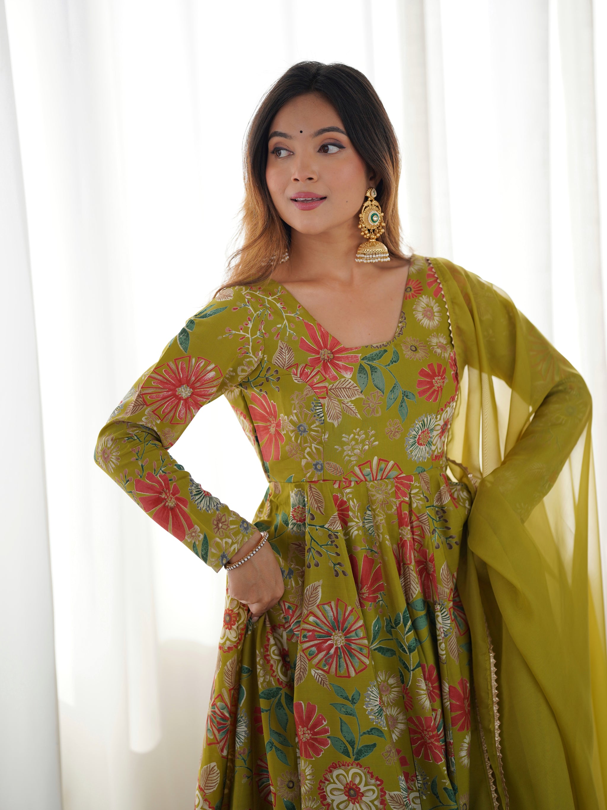 Mehndi Color Roman Silk Discharge Printed Plazzo Suit (Copy)