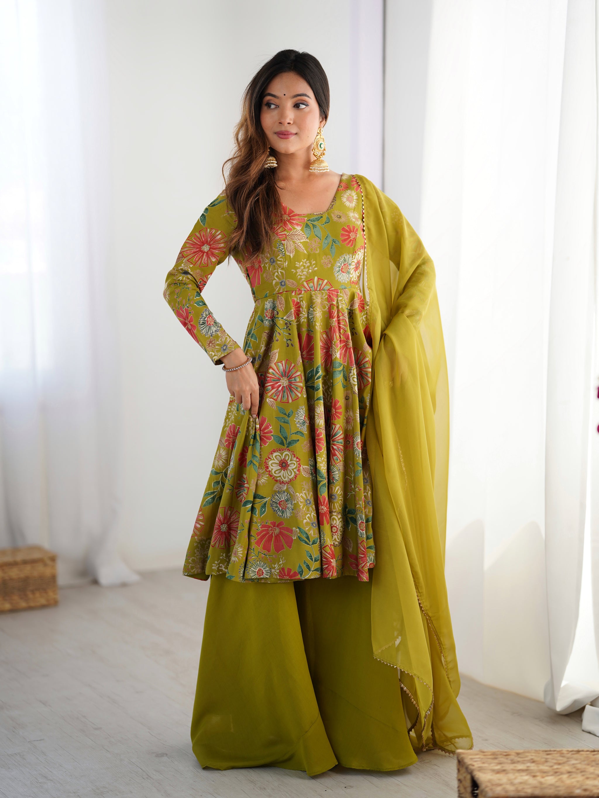 Mehndi Color Roman Silk Discharge Printed Plazzo Suit (Copy)
