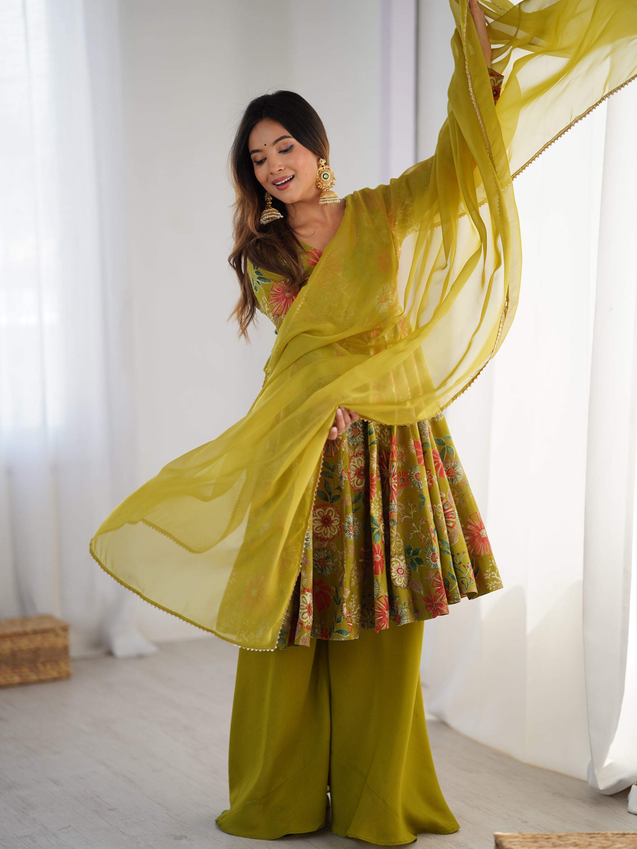 Mehndi Color Roman Silk Discharge Printed Plazzo Suit (Copy)