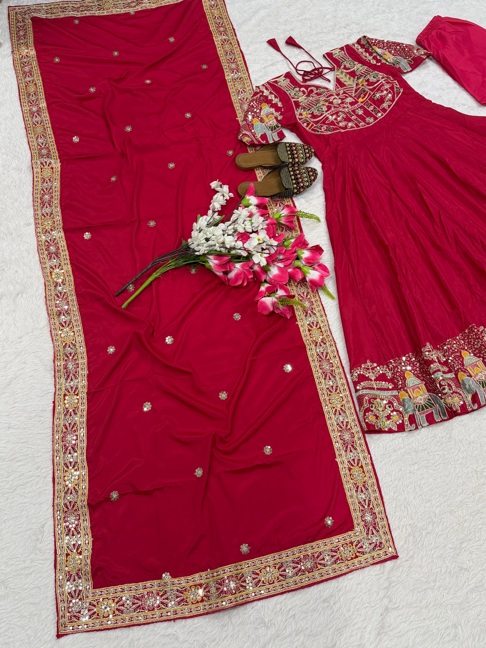 Pink Elephant Motif Embroidered Anarkali Suit with Dupatta