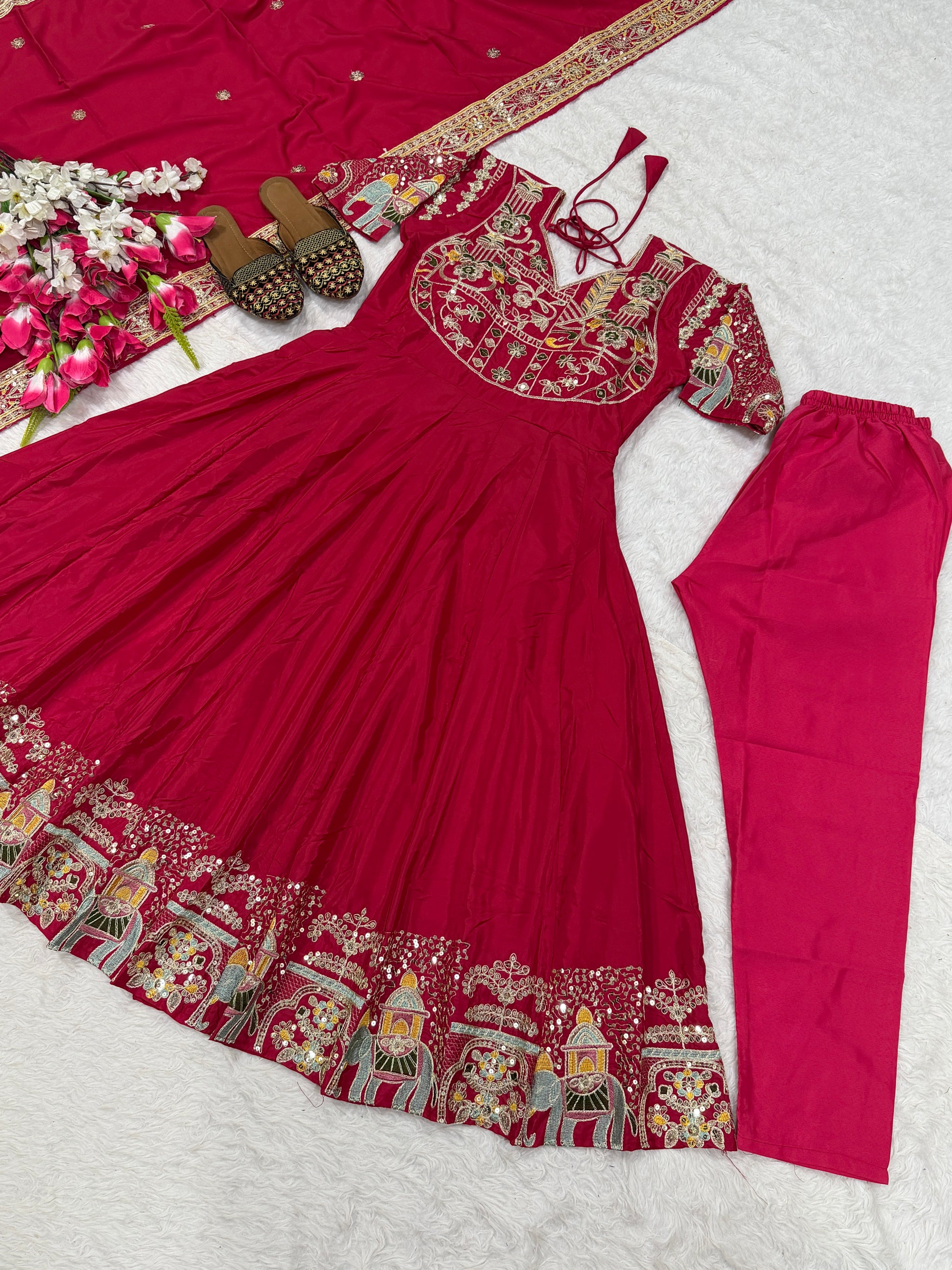 Pink Elephant Motif Embroidered Anarkali Suit with Dupatta