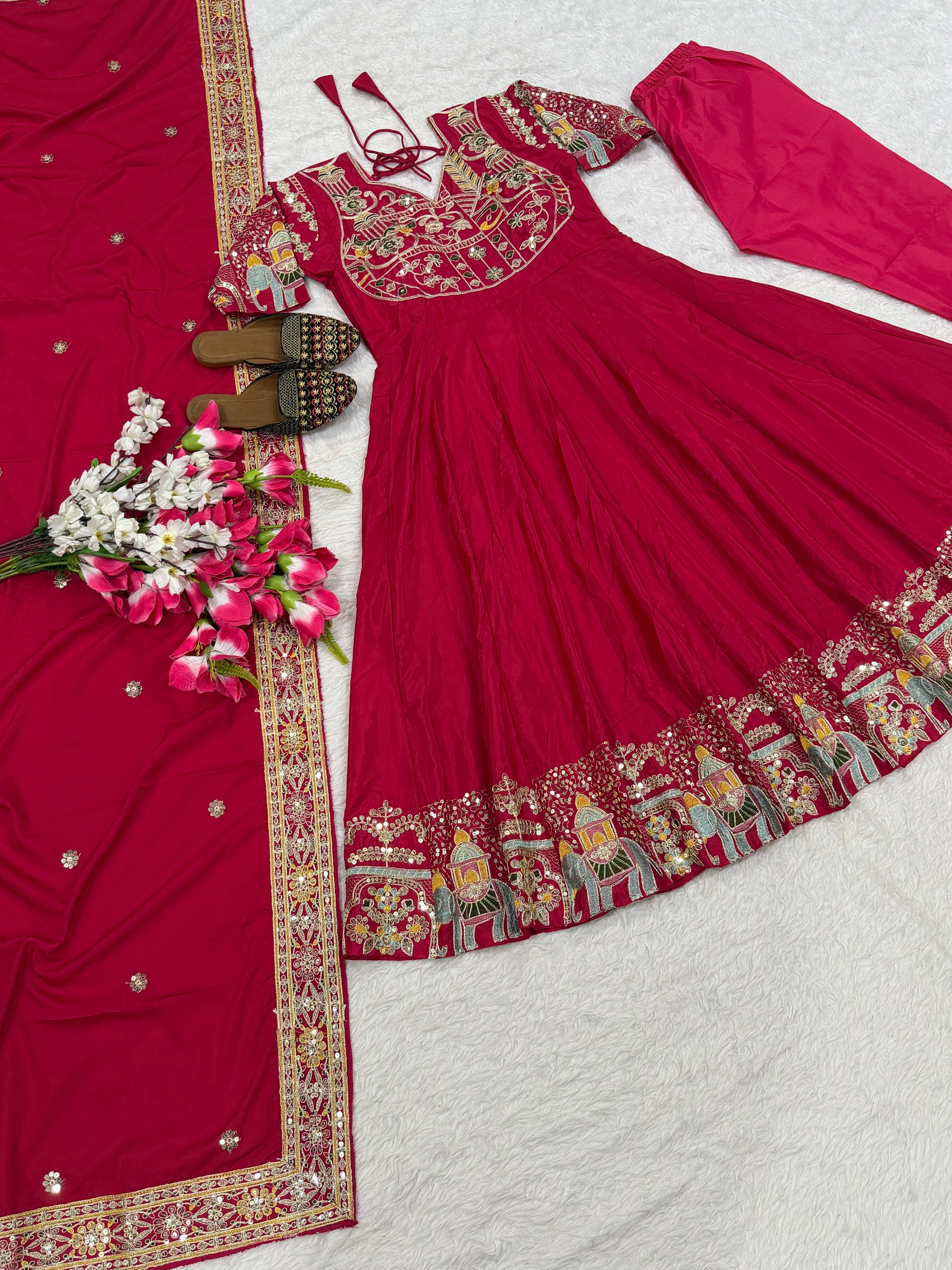 Pink Elephant Motif Embroidered Anarkali Suit with Dupatta