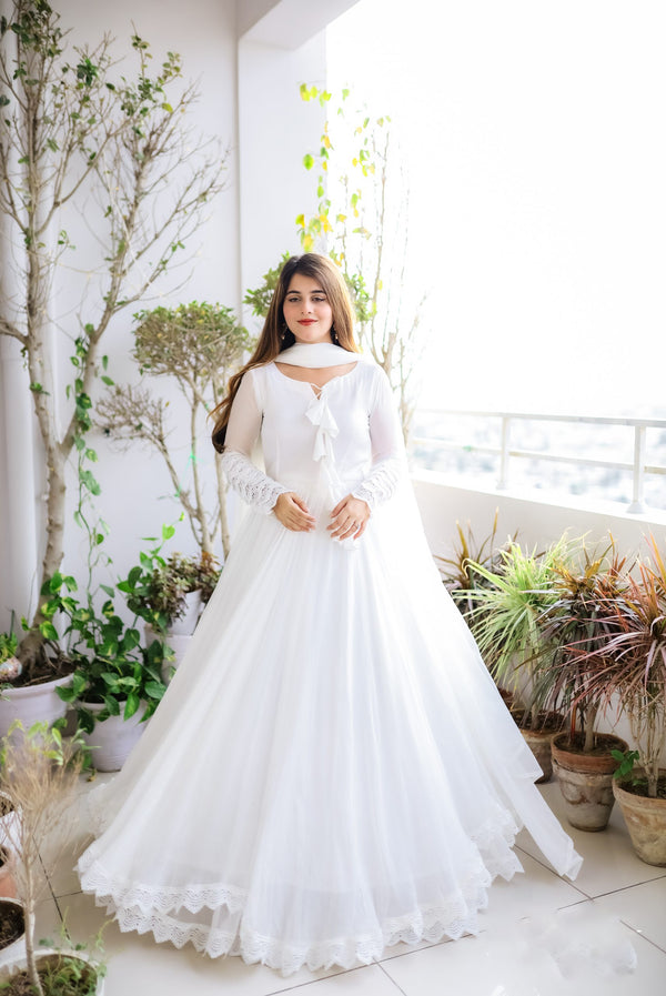 White Long Flair Double Layered Anarkali With Dupatta