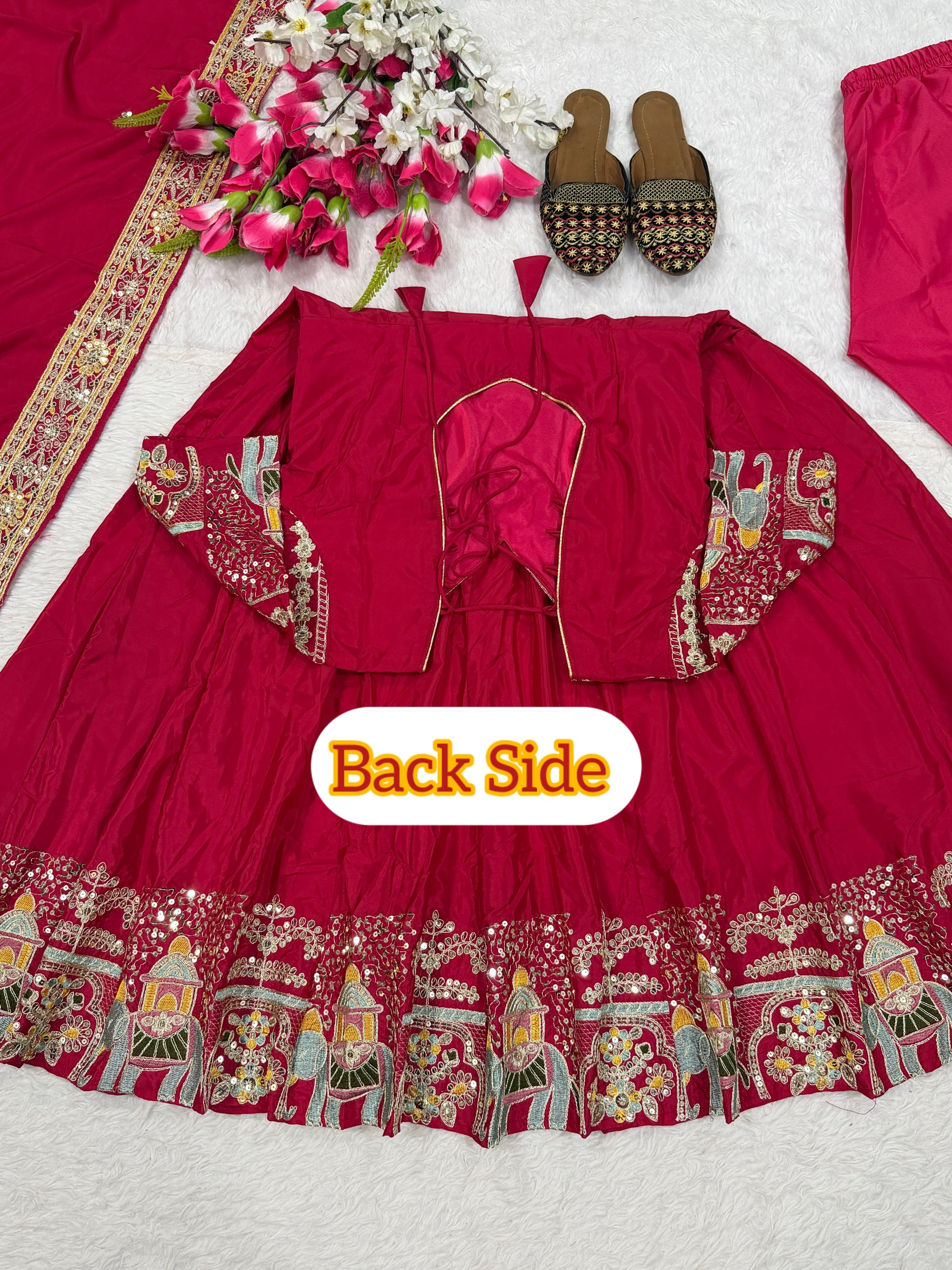 Pink Elephant Motif Embroidered Anarkali Suit with Dupatta