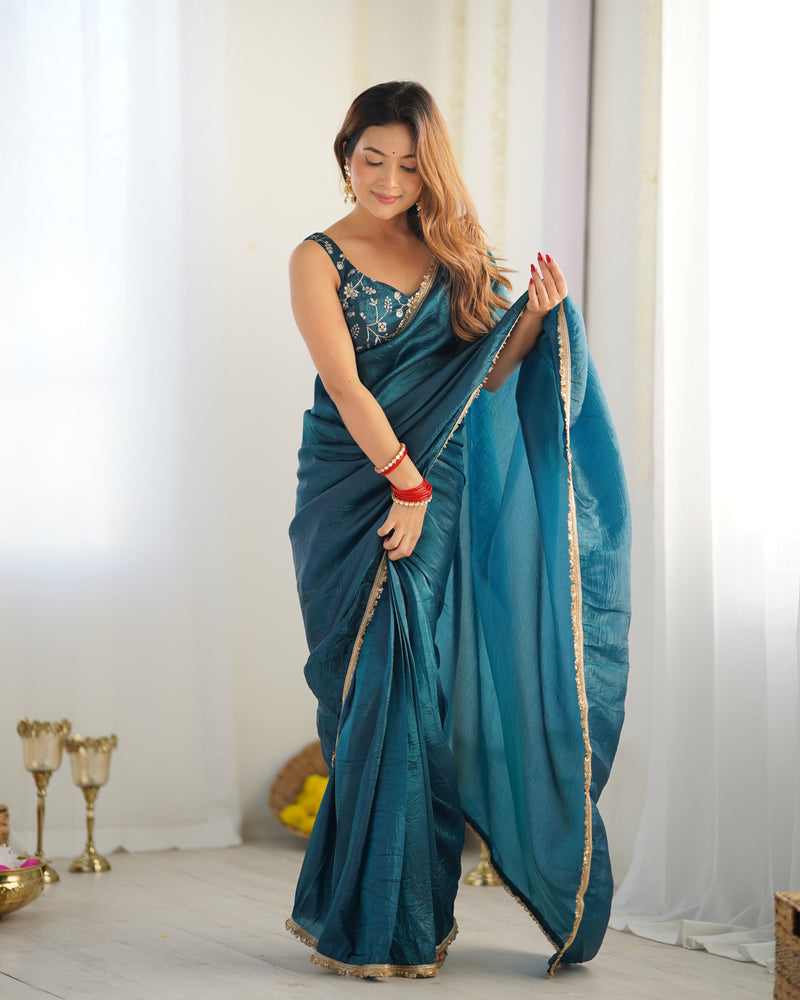 Teal Blue Color Tissue Silk Pre Draped Saree