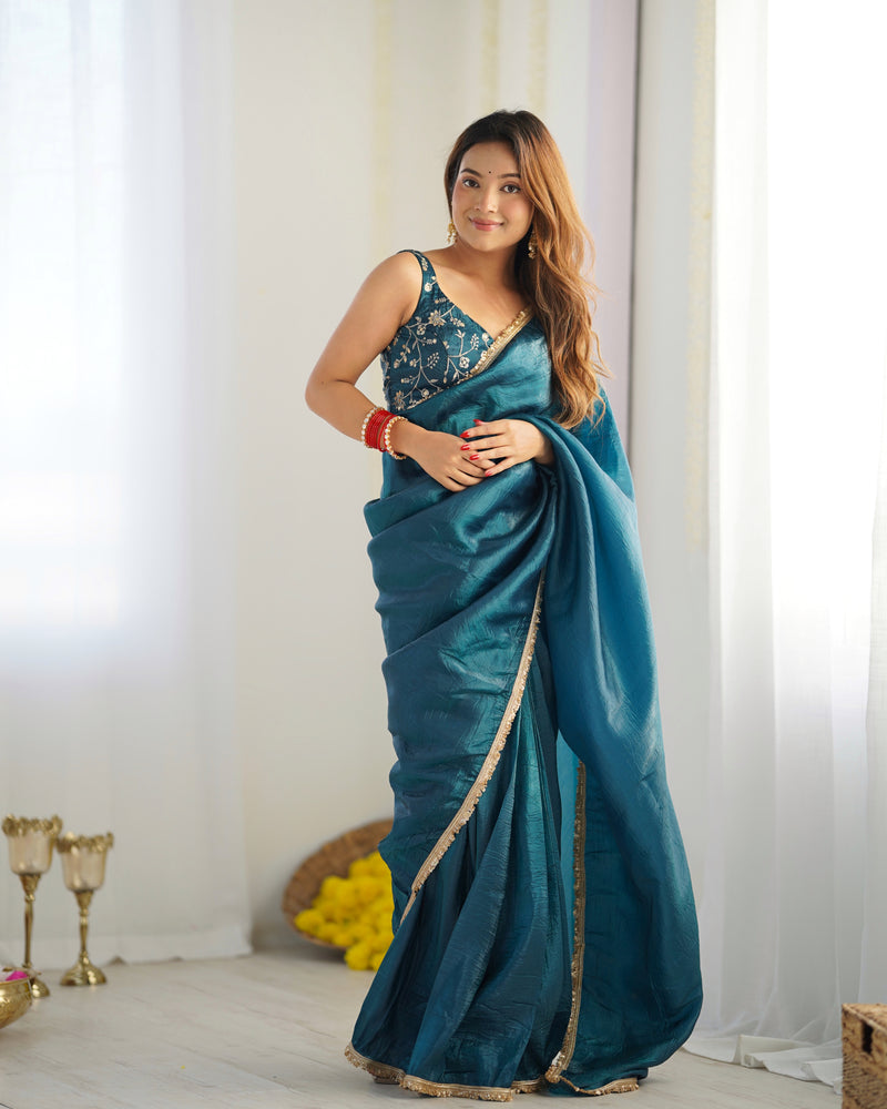 Teal Blue Color Tissue Silk Pre Draped Saree