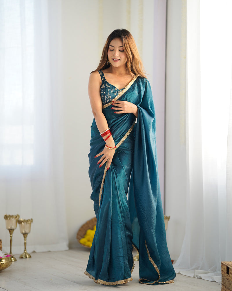 Teal Blue Color Tissue Silk Pre Draped Saree