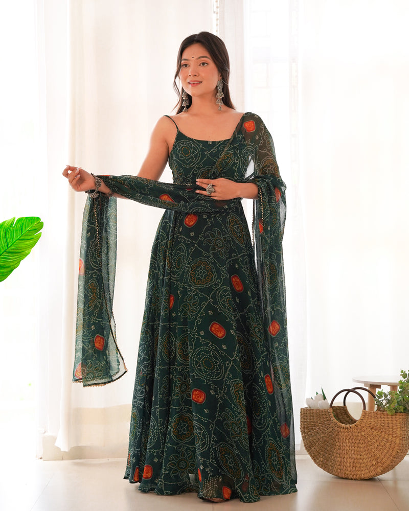 Floral Dark Green Color Bandhani Print Soft Chiffon Anarkali Gown