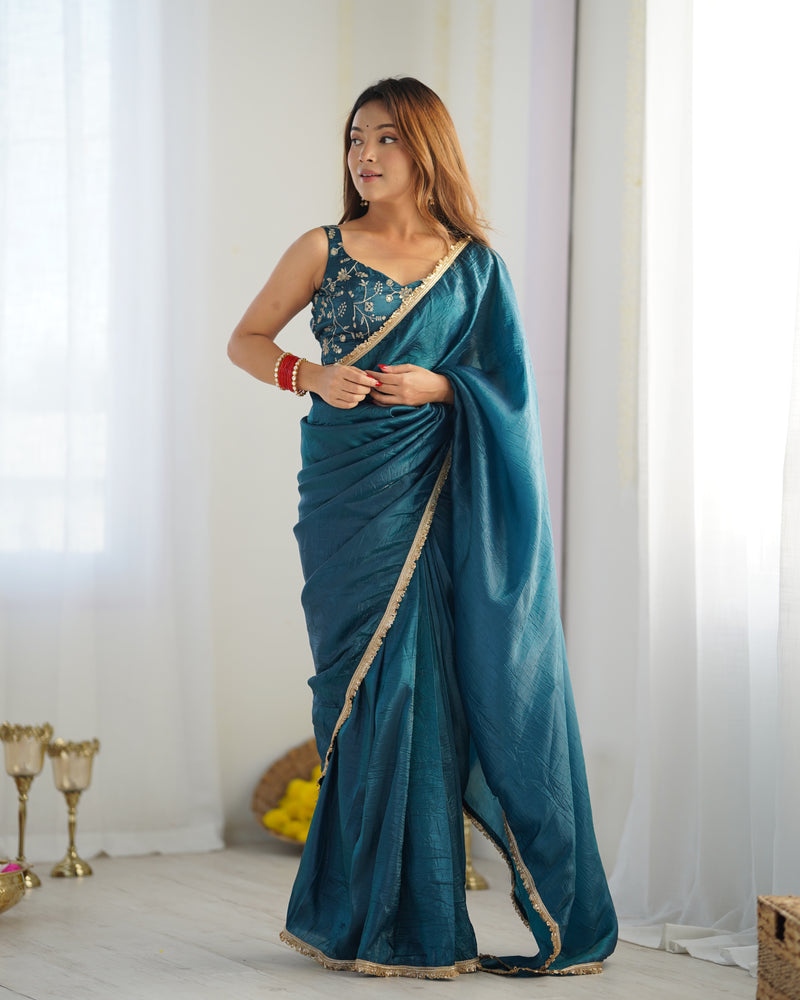 Teal Blue Color Tissue Silk Pre Draped Saree