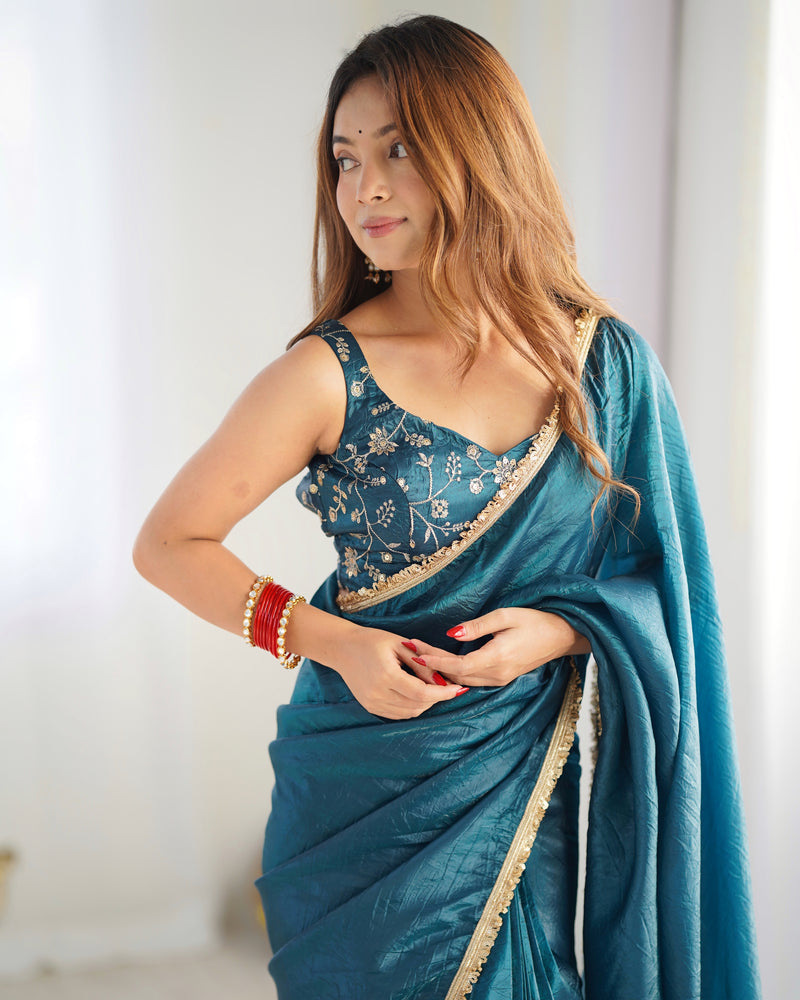 Teal Blue Color Tissue Silk Pre Draped Saree