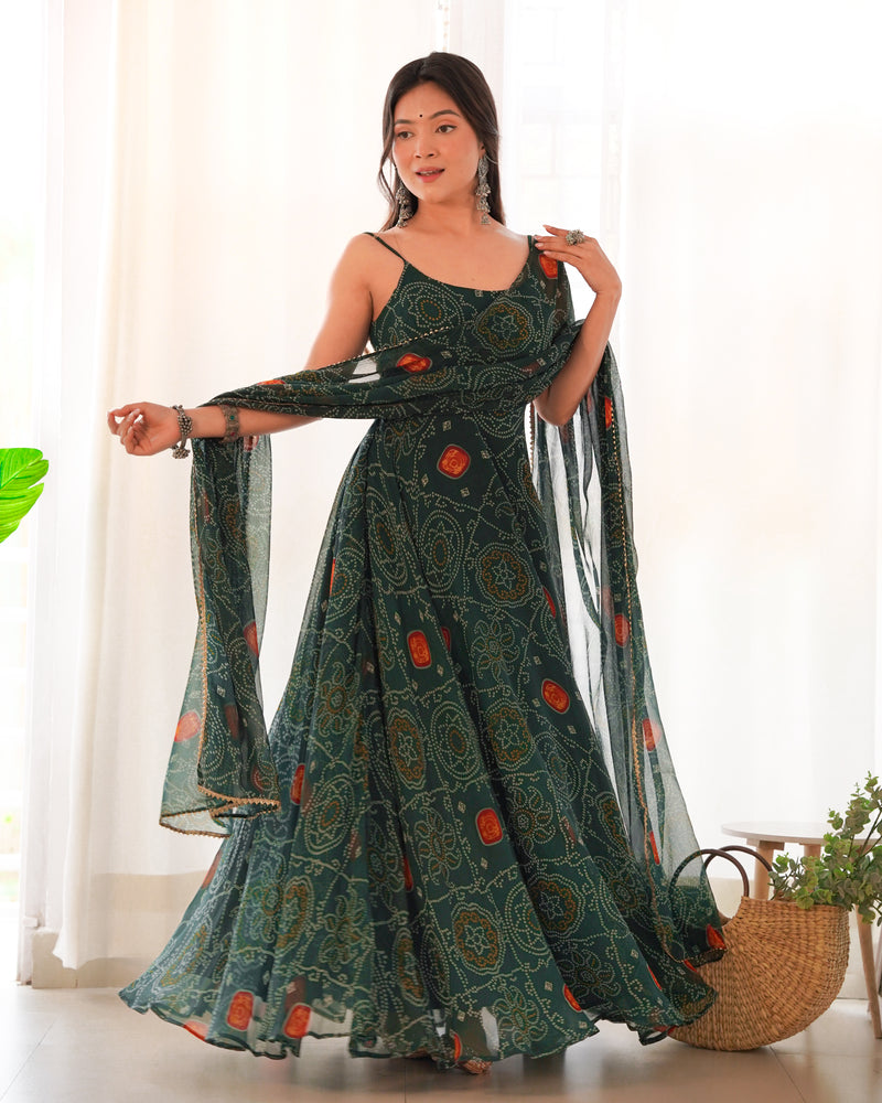 Floral Dark Green Color Bandhani Print Soft Chiffon Anarkali Gown