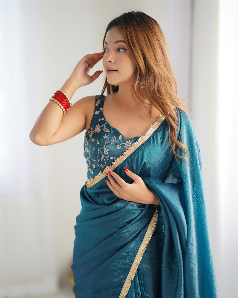 Teal Blue Color Tissue Silk Pre Draped Saree