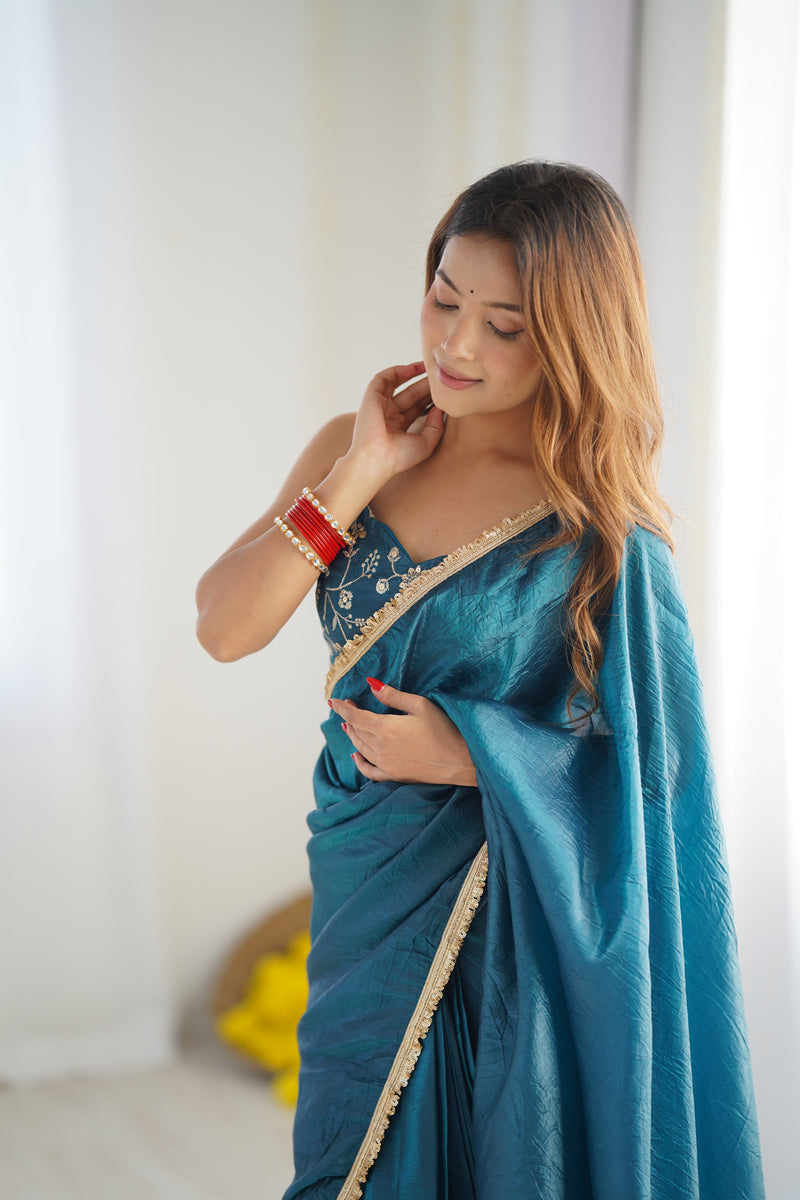 Teal Blue Color Tissue Silk Pre Draped Saree