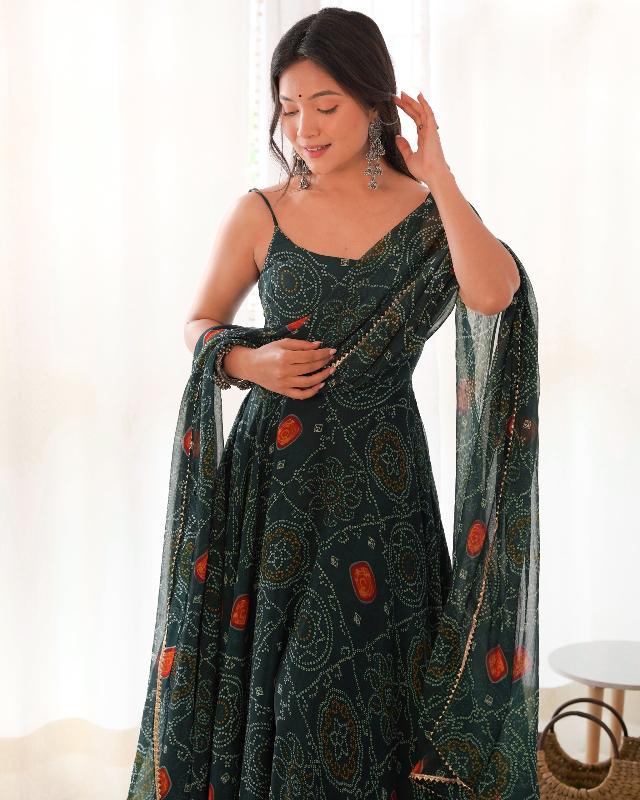 Floral Dark Green Color Bandhani Print Soft Chiffon Anarkali Gown