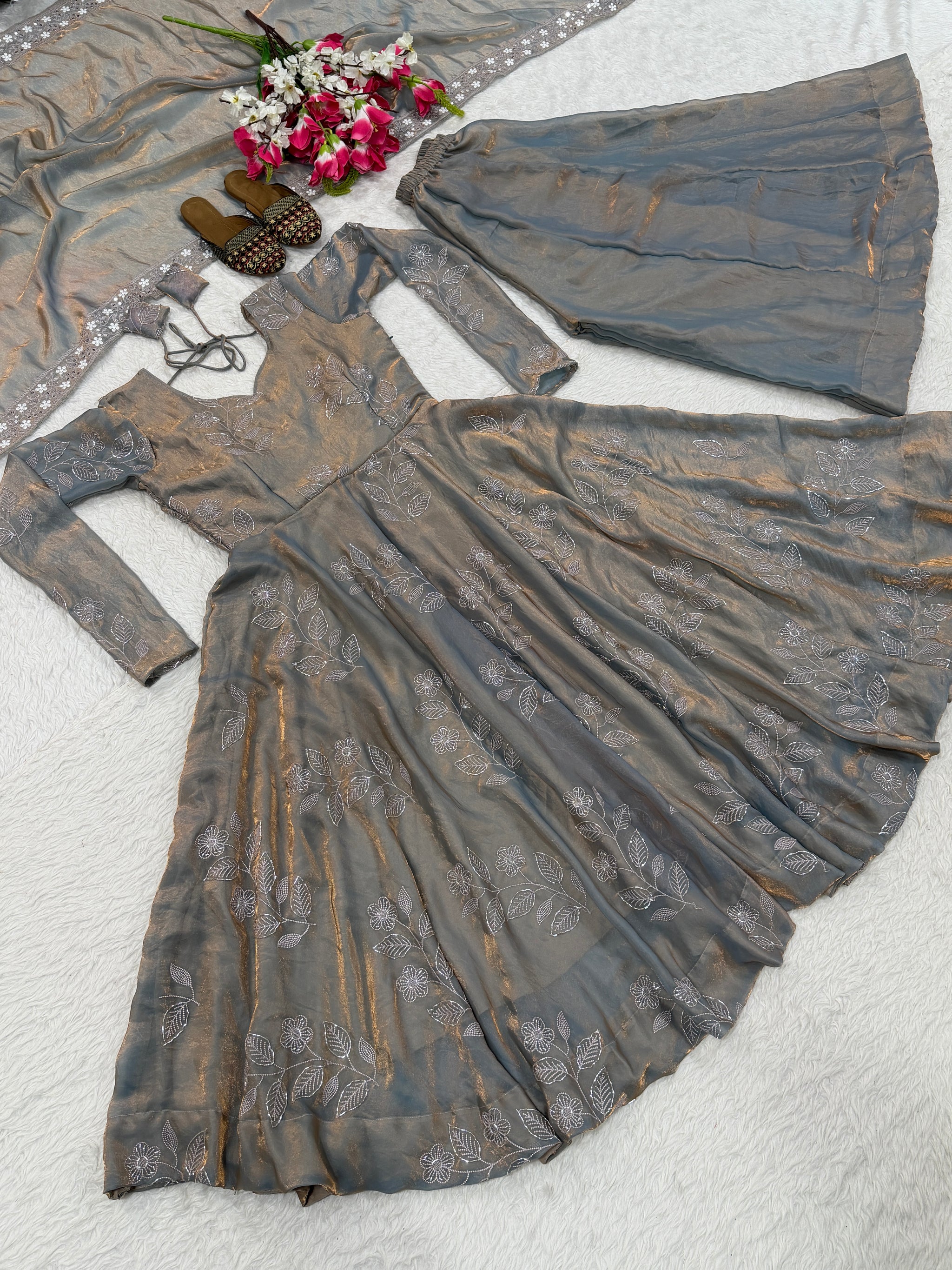 Grey Gold Shimmer Embroidered Anarkali Suit with Dupatta