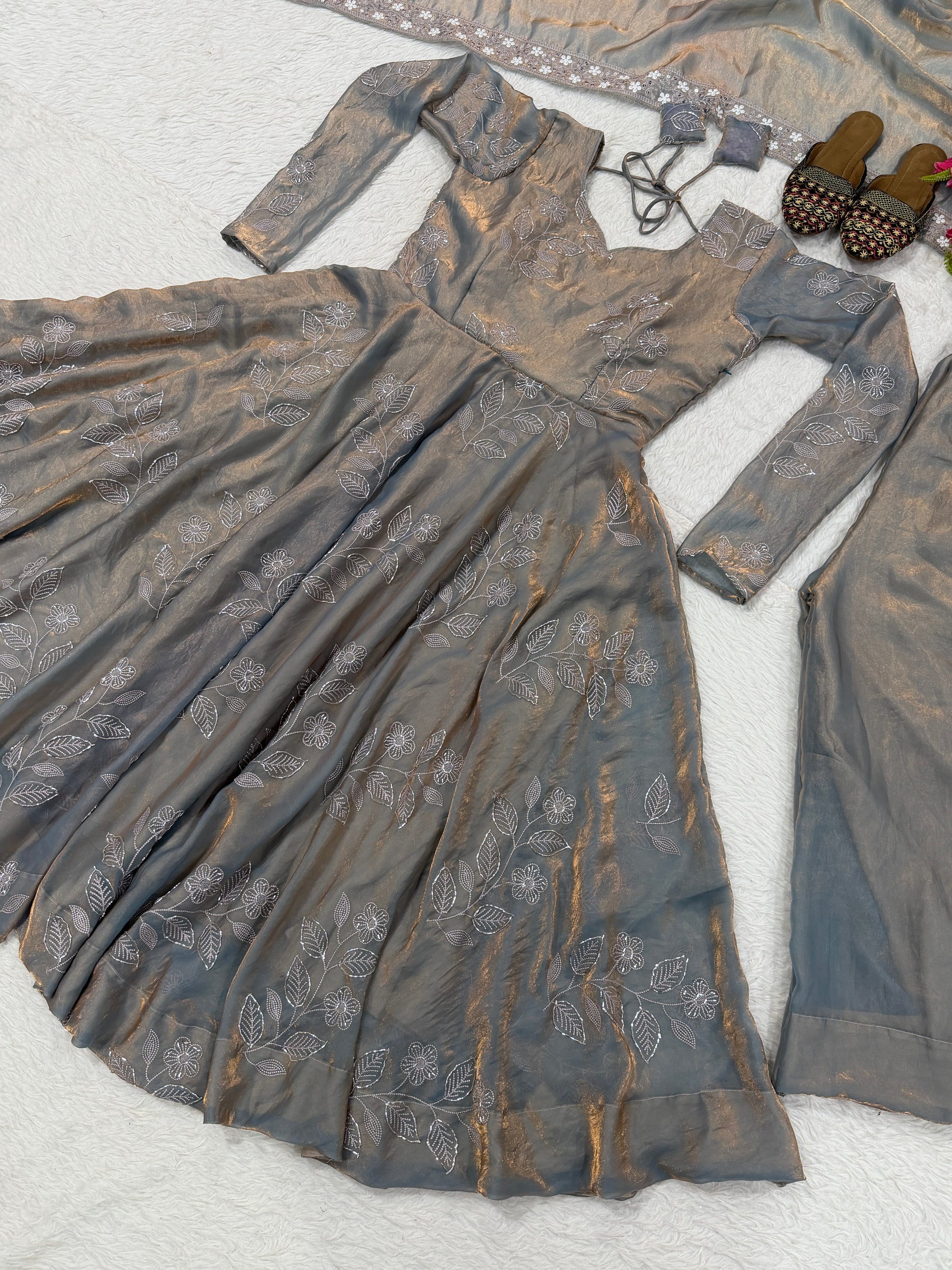Grey Gold Shimmer Embroidered Anarkali Suit with Dupatta