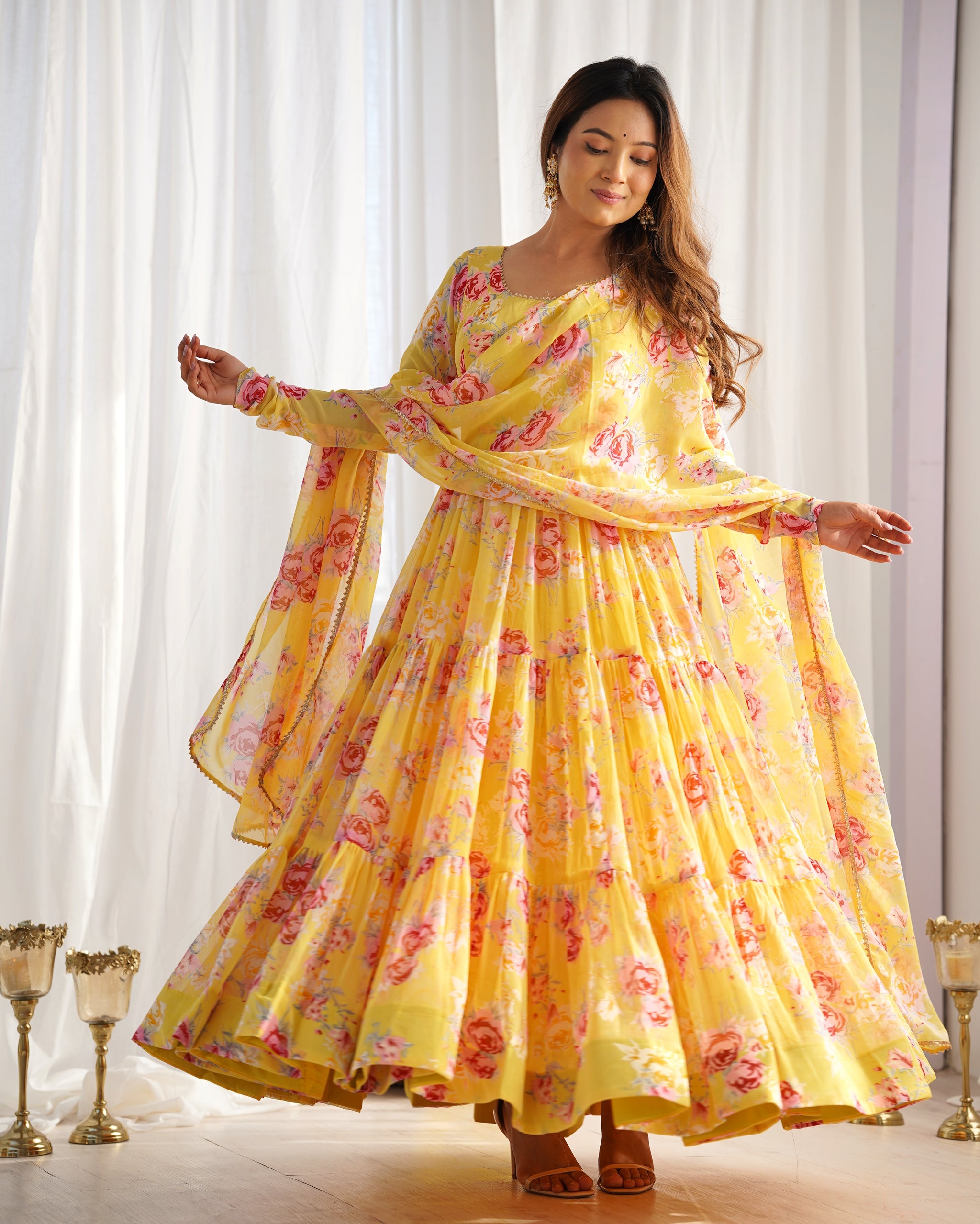 Floral Print Yellow Color Georgette Frill Anarkali Suit