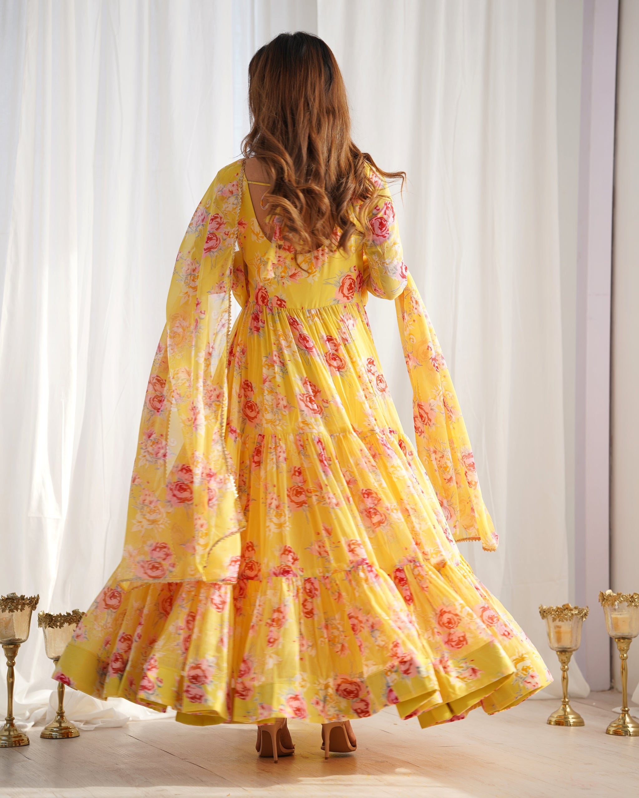 Floral Print Yellow Color Georgette Frill Anarkali Suit