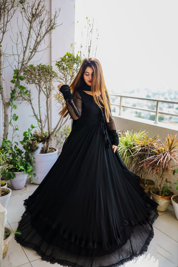 Demanding Black Color Lace Work Long Anarkali Gown