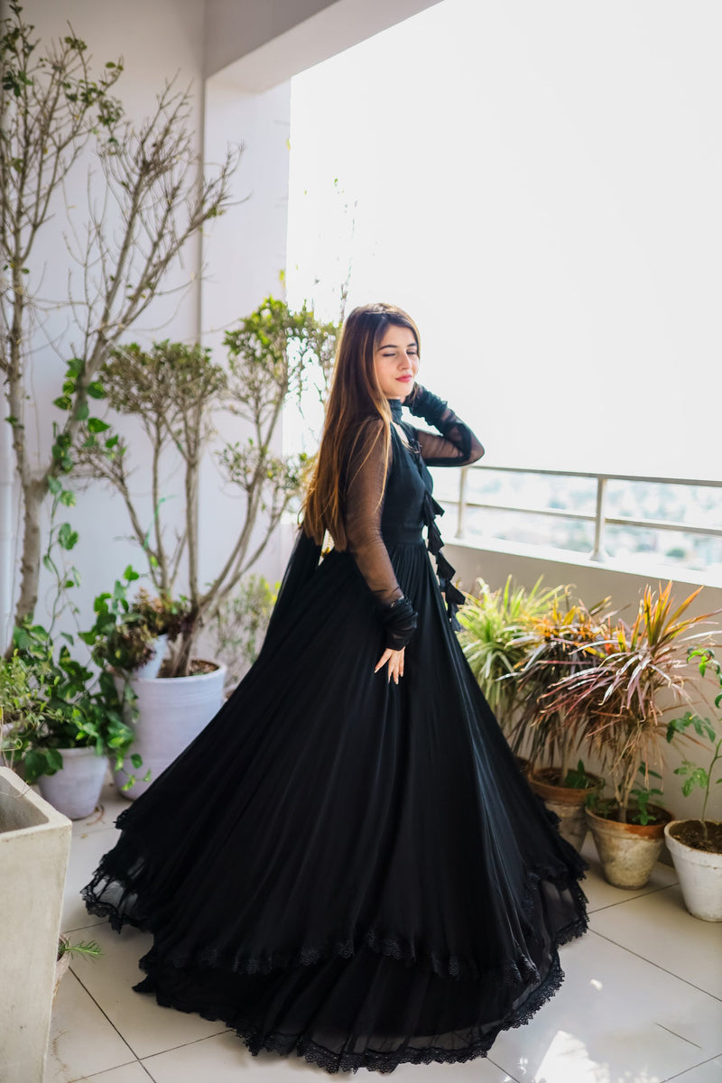 Demanding Black Color Lace Work Long Anarkali Gown subhvastra