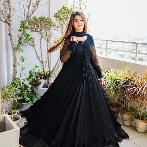 Demanding Black Color Lace Work Long Anarkali Gown  subhvastra