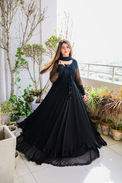 Solid Long Flair Double Layered Anarkali With Dupatta